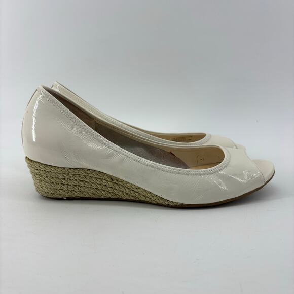 Cole Haan Air Tali Peep Toe Wedge Ivory Patent Leather Espadrille Sole - Picture 2 of 15